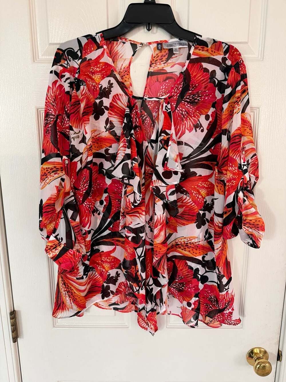Jennifer Lopez Women's Floral Ruffle Keyhole Neck Chiffon Blouse - Picture 4 of 13